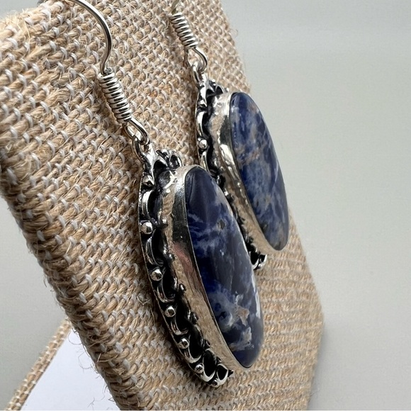 New Blue Sodalite Stone Silver Overlay Hook Earrings - Picture 3 of 4